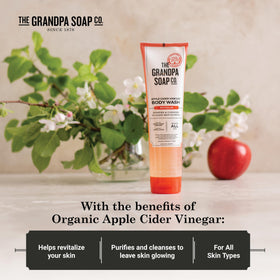 The Grandpa Soap Company with apple cider vinegar and apple juice ingredient visuals highlighting natural benefit