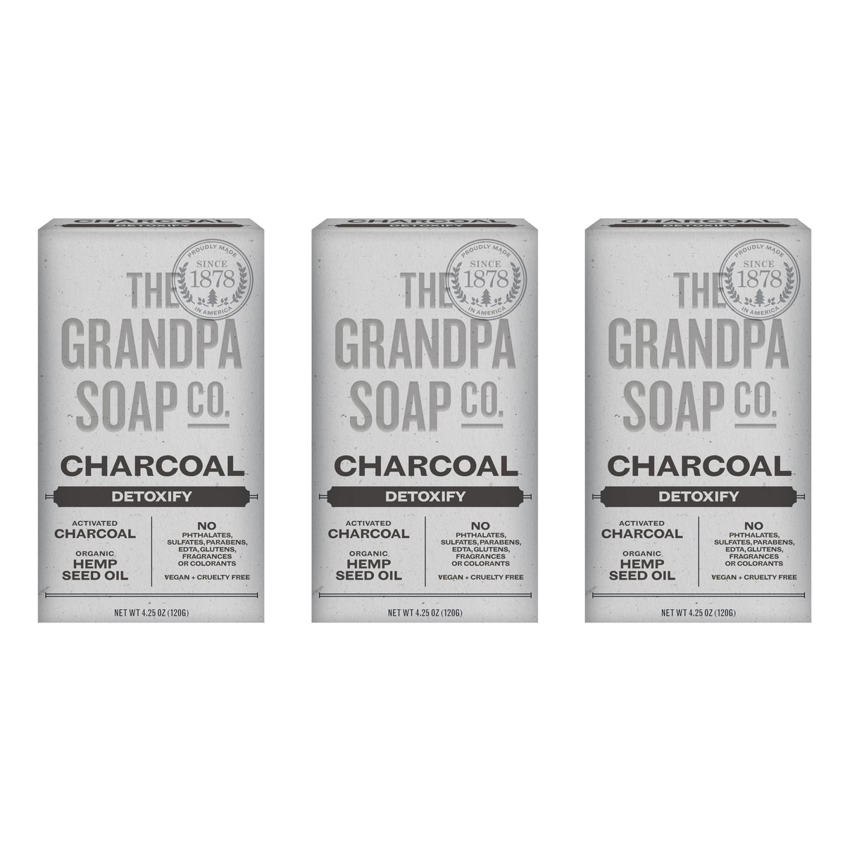 The Grandpa Soap Company front packaging showing three charcoal bars and benefits