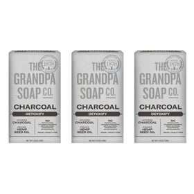 The Grandpa Soap Company front packaging showing three charcoal bars and benefits