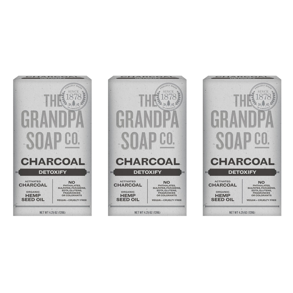The Grandpa Soap Company front packaging showing three charcoal bars and benefits