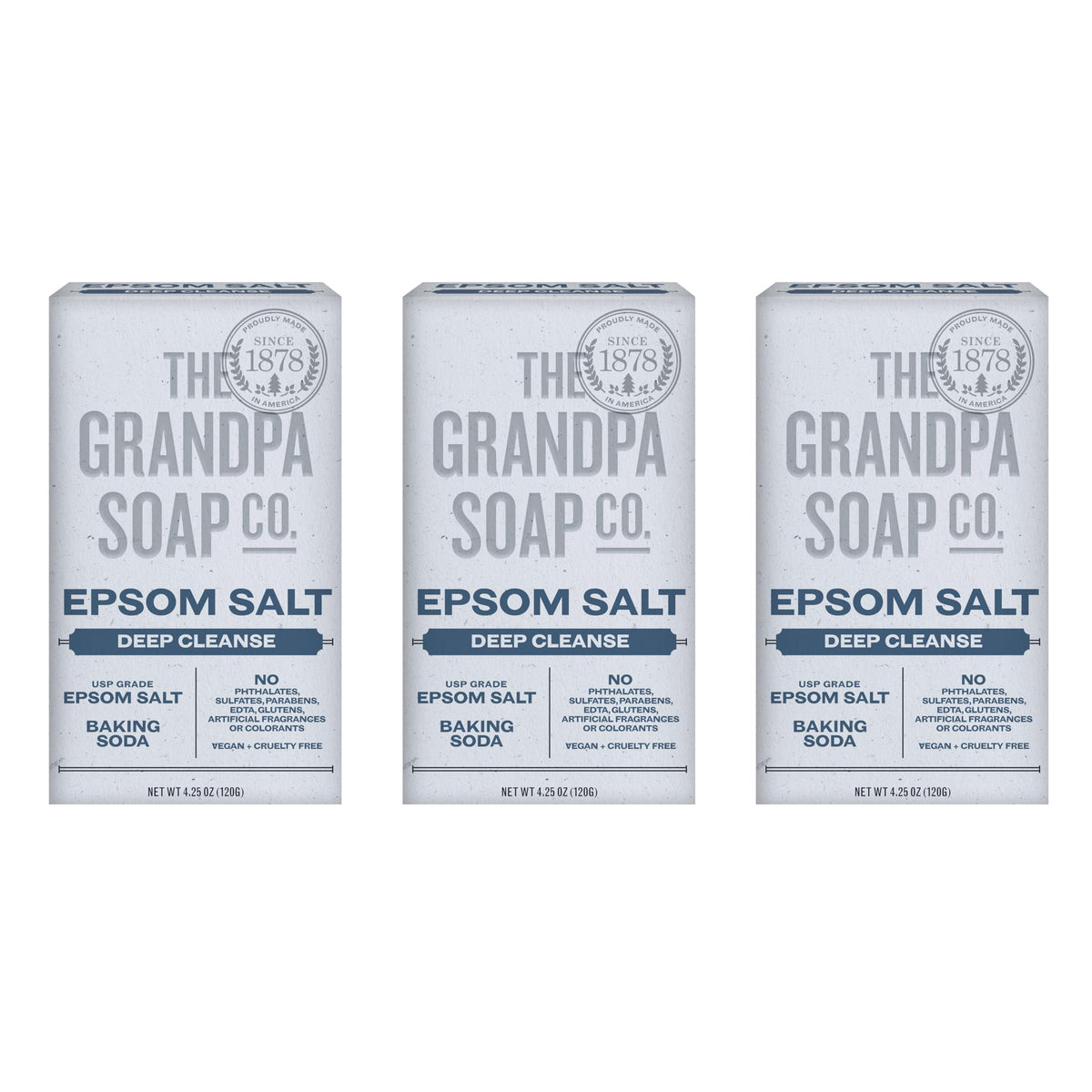 The Grandpa Soap Company front packaging showing three bars and certification benefits