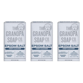 The Grandpa Soap Company front packaging showing three bars and certification benefits