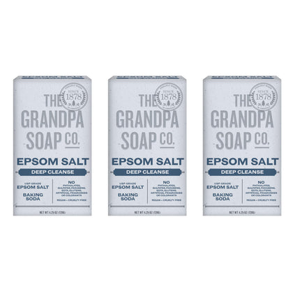 The Grandpa Soap Company front packaging showing three bars and certification benefits