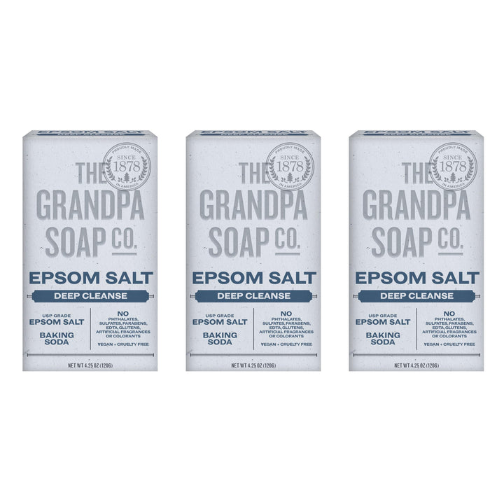 The Grandpa Soap Company front packaging showing three bars and certification benefits