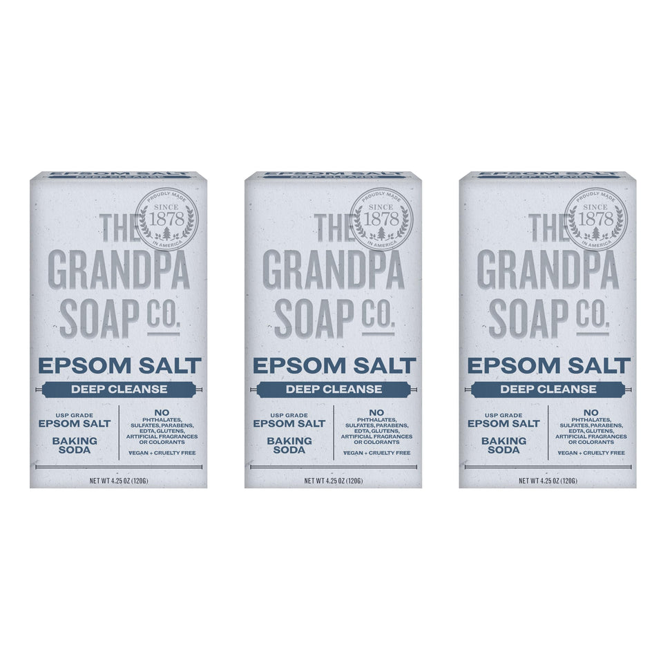 The Grandpa Soap Company front packaging showing three bars and certification benefits