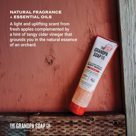 The Grandpa Soap Company bottle in a shower setting demonstrating practical in-shower use