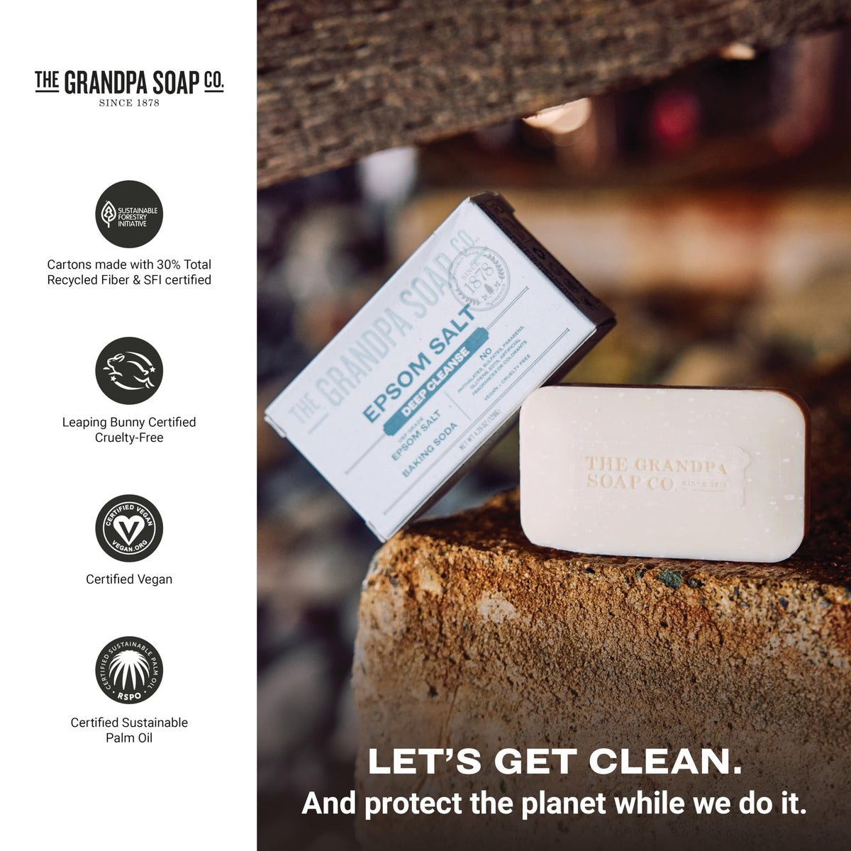 The Grandpa Soap Company ingredient label showing vegan, cruelty-free, and sustainable certifications