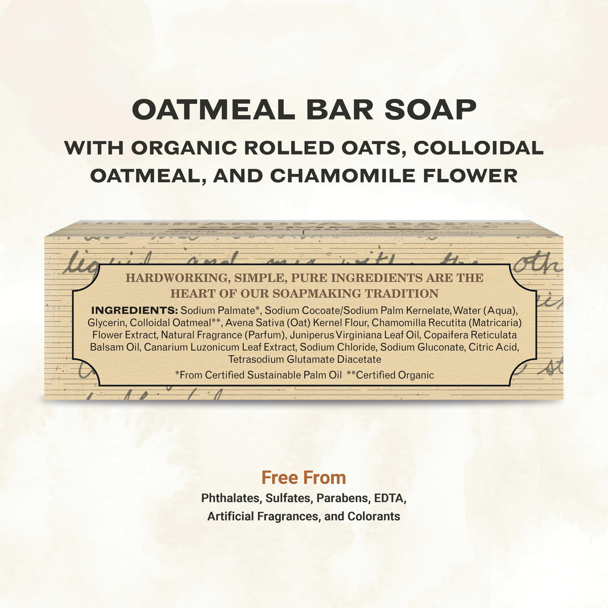 The Grandpa Soap Company oatmeal bar close-up texture highlights oats for gentle exfoliation