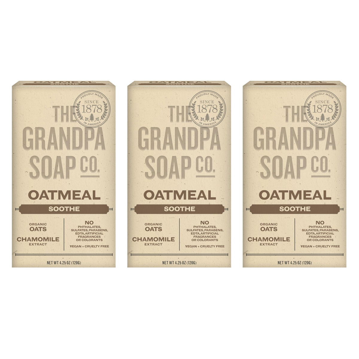 The Grandpa Soap Company oatmeal bar front packaging shows clean labeling and natural look