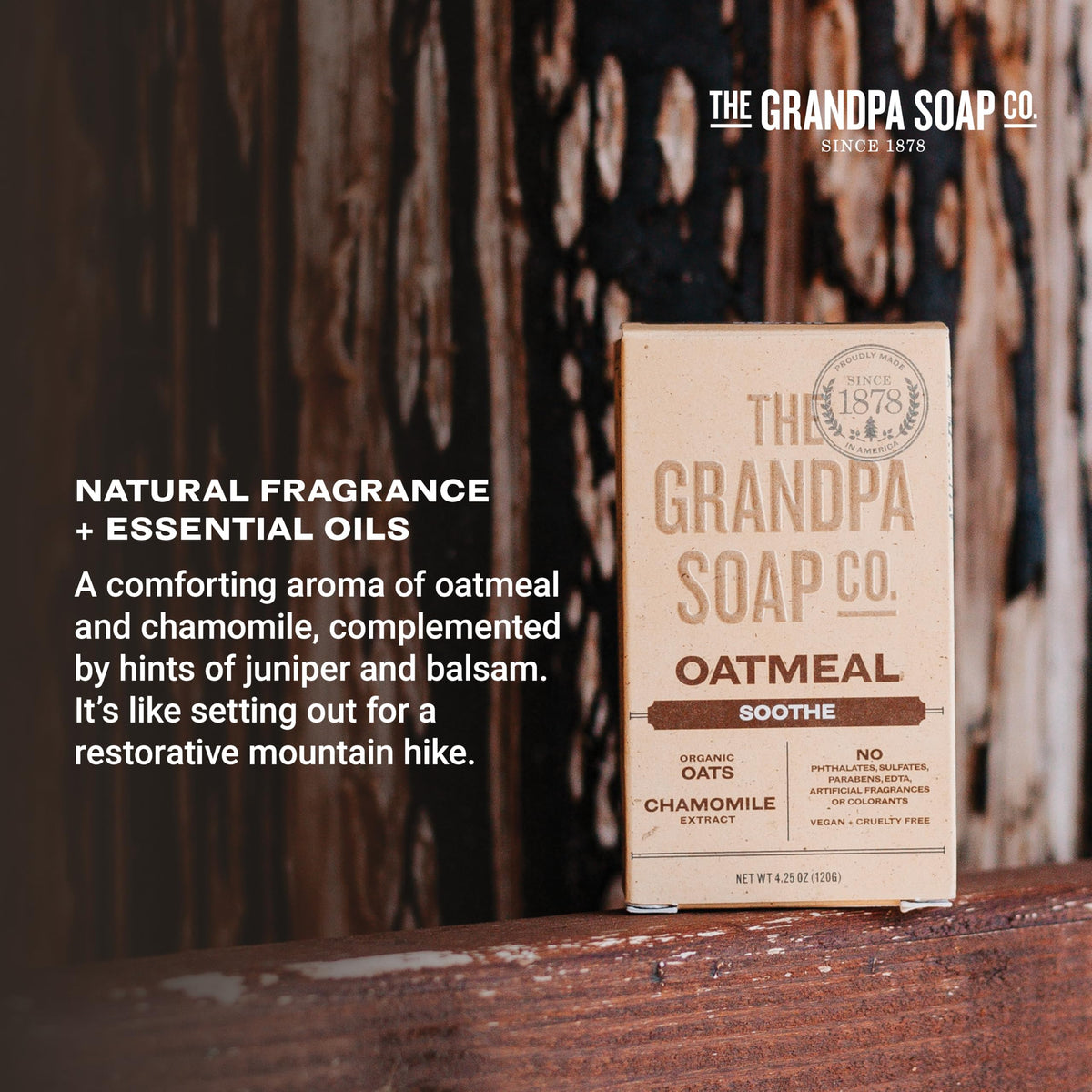The Grandpa Soap Company oatmeal bar with oats and chamomile displays natural ingredient benefits