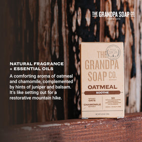 The Grandpa Soap Company oatmeal bar with oats and chamomile displays natural ingredient benefits