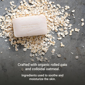 The Grandpa Soap Company oatmeal bar lather in hand demonstrates creamy foam and soft cleanse