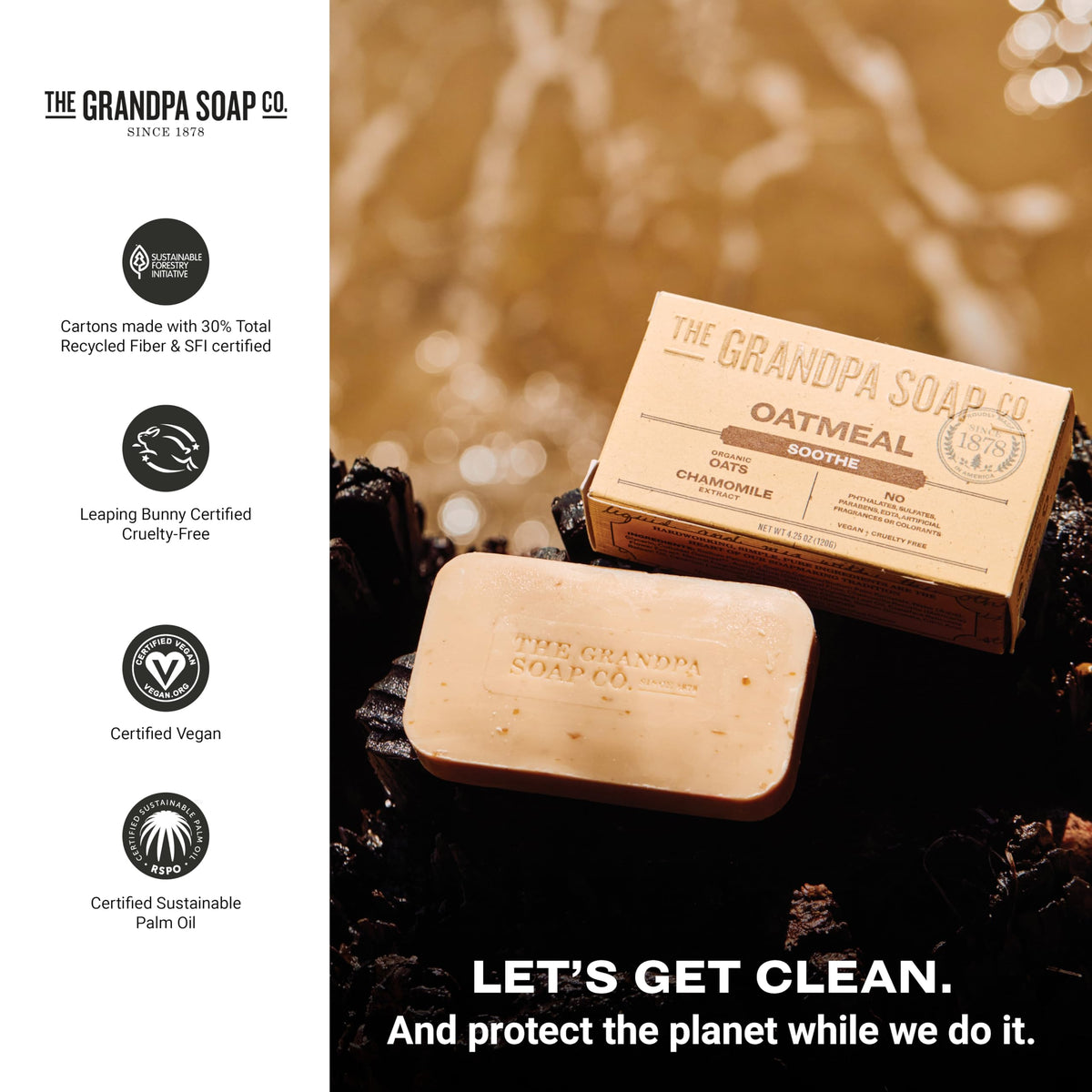 The Grandpa Soap Company oatmeal bar on soap dish emphasizes draining to extend bar life