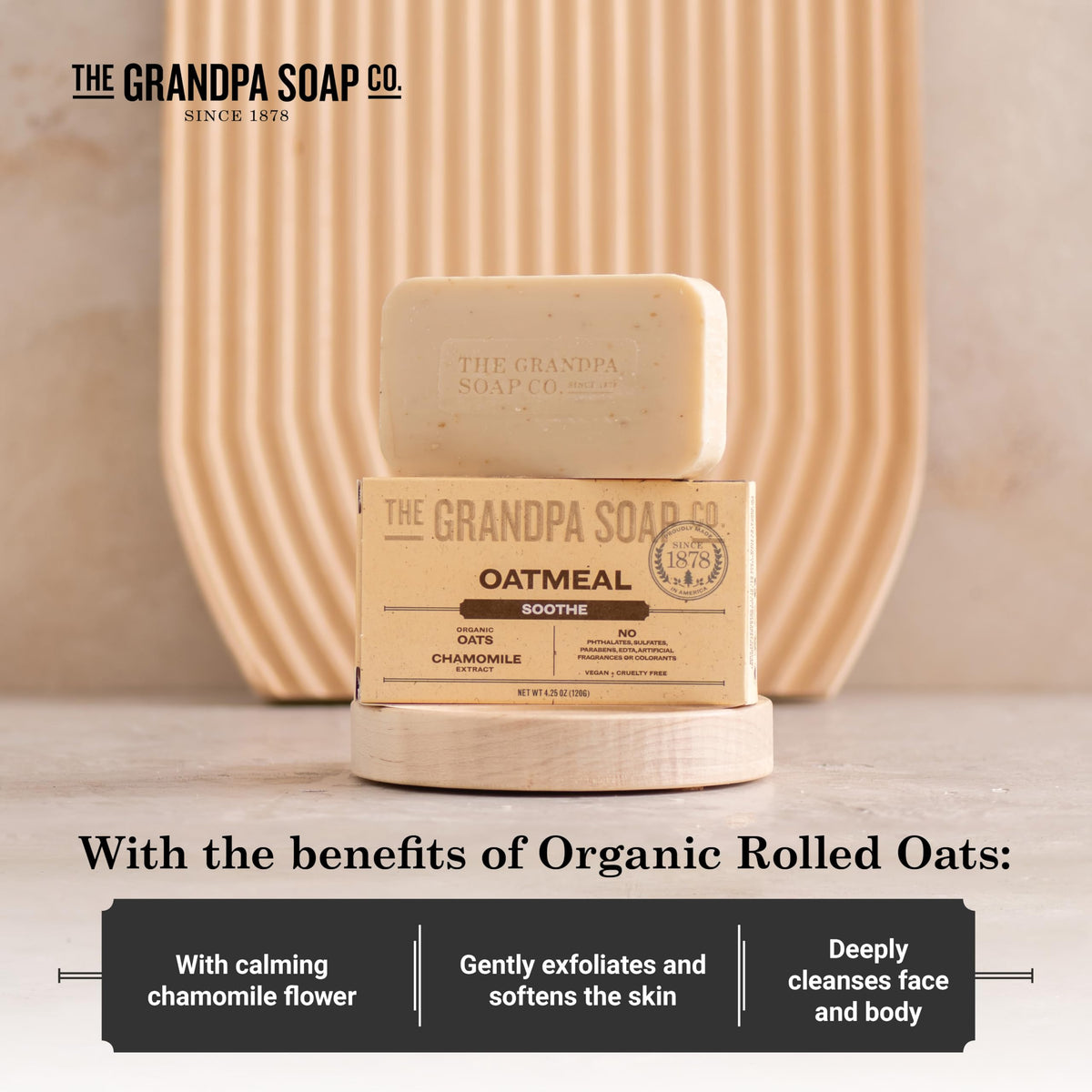 The Grandpa Soap Company oatmeal bar next to ruler shows true 4.25 oz size and scale