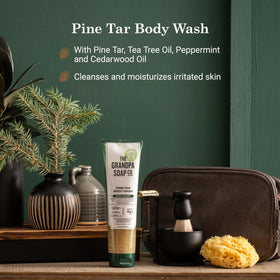 Close-up of pine tar body wash texture showing gentle lather and natural clarity
