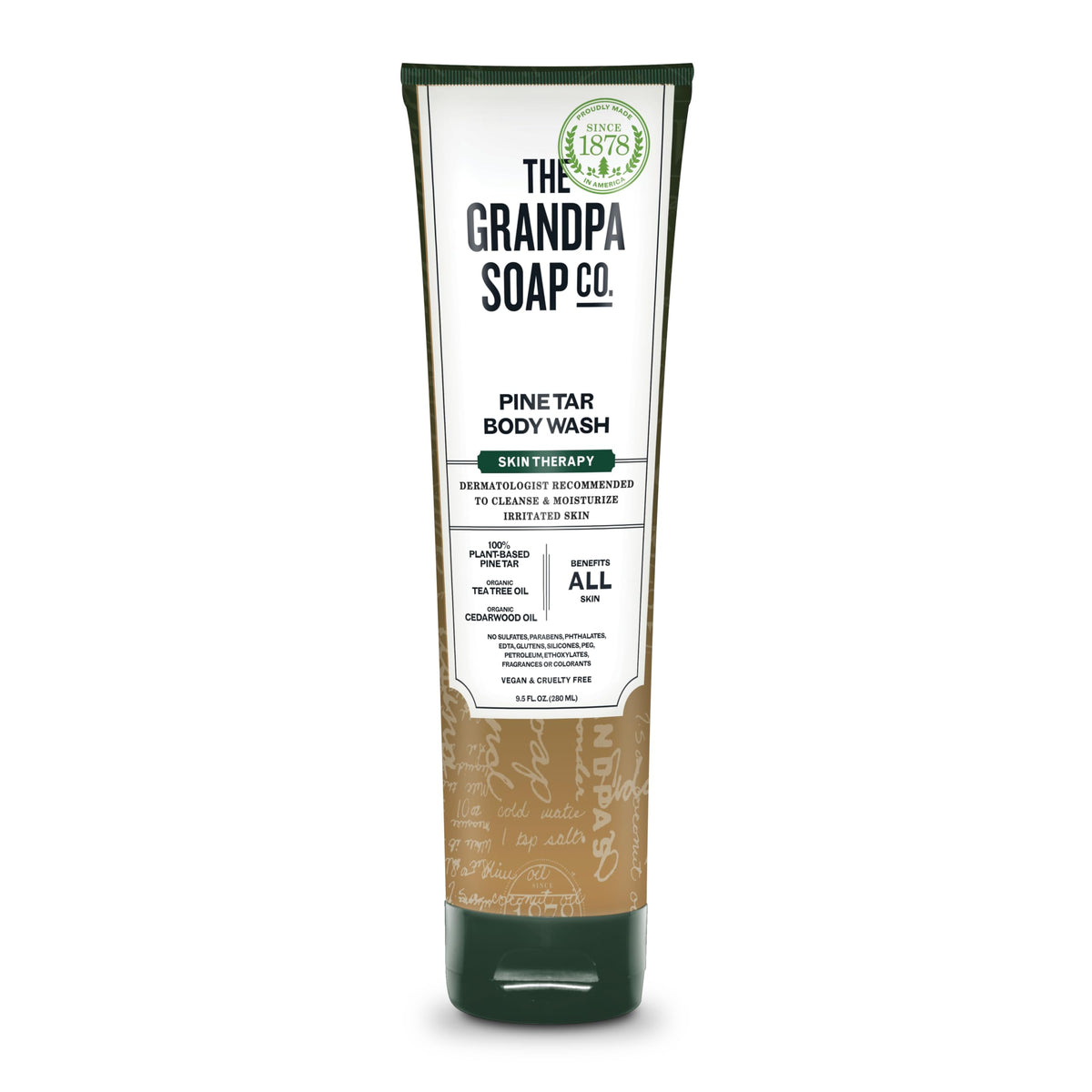 The Grandpa Soap Company tube front view showing pine tar body wash benefits