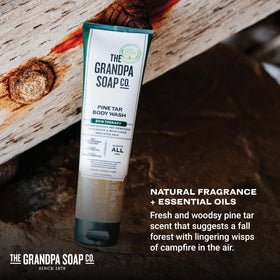 Pine Tar Body Wash in shower environment rinsing skin and deodorizing after activity
