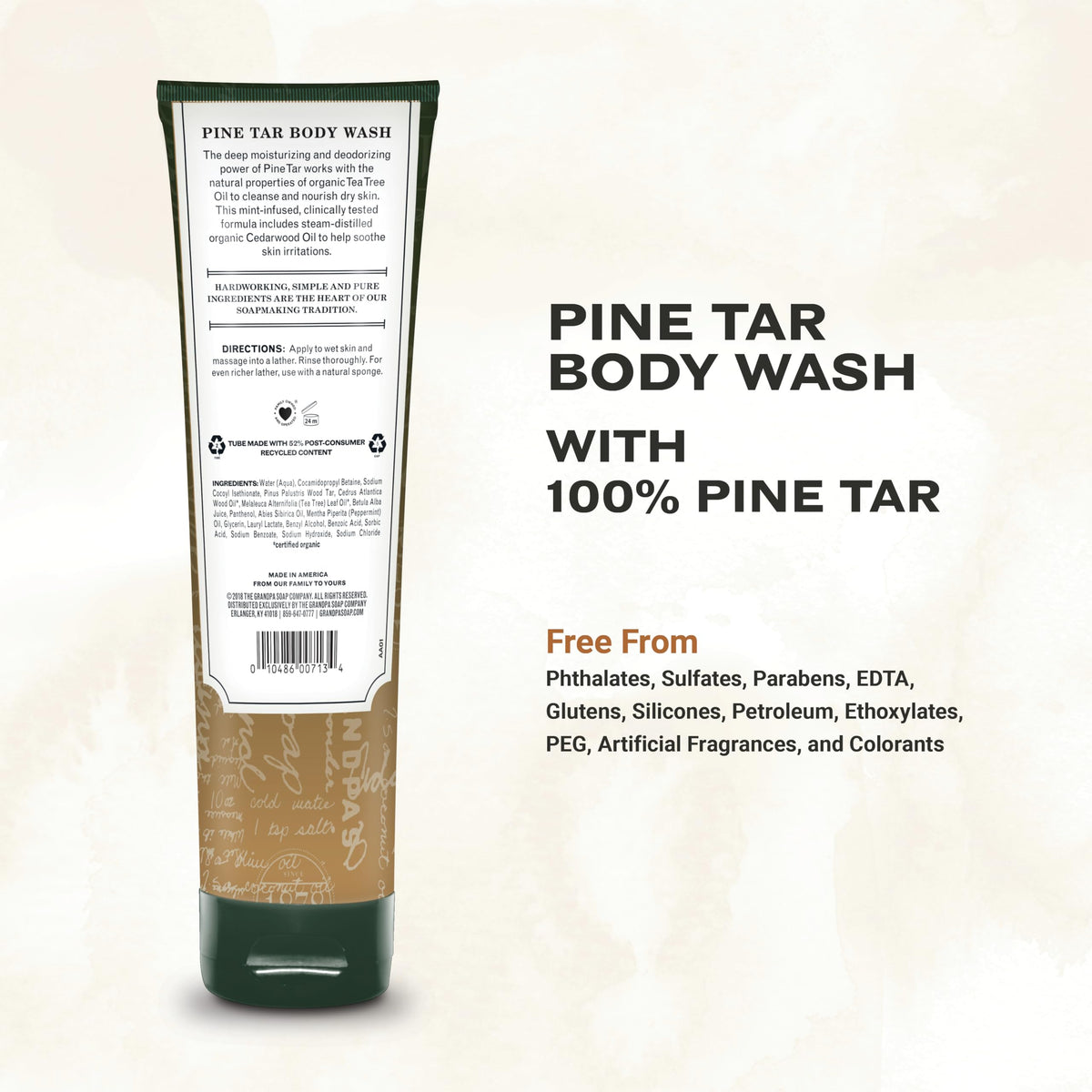 Hand squeezing The Grandpa Soap Company tube to dispense body wash for easy use