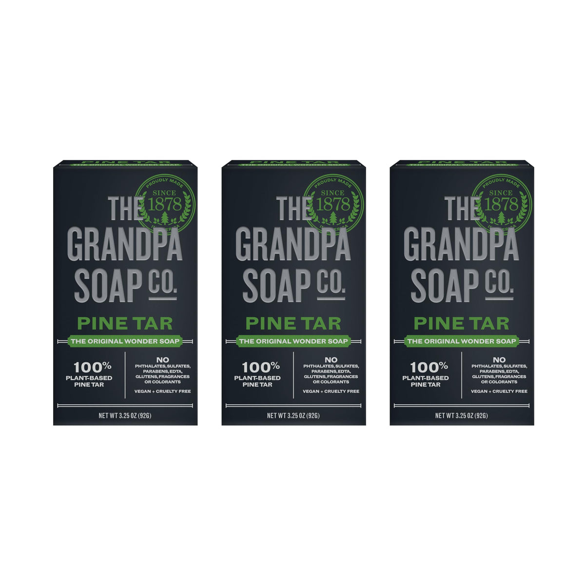 Grandpa Soap Company front packaging showing three pine tar bars and benefit clarity