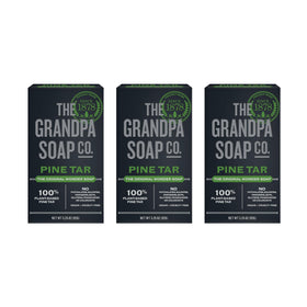 Grandpa Soap Company front packaging showing three pine tar bars and benefit clarity