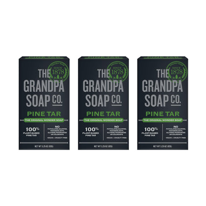 Grandpa Soap Company front packaging showing three pine tar bars and benefit clarity