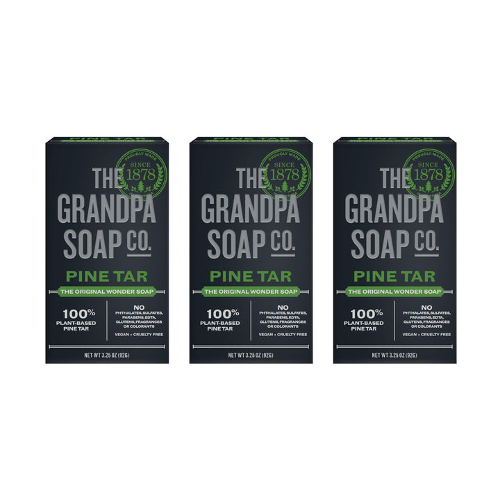 Grandpa Soap Company front packaging showing three pine tar bars and benefit clarity