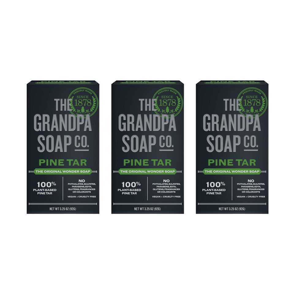 Grandpa Soap Company front packaging showing three pine tar bars and benefit clarity