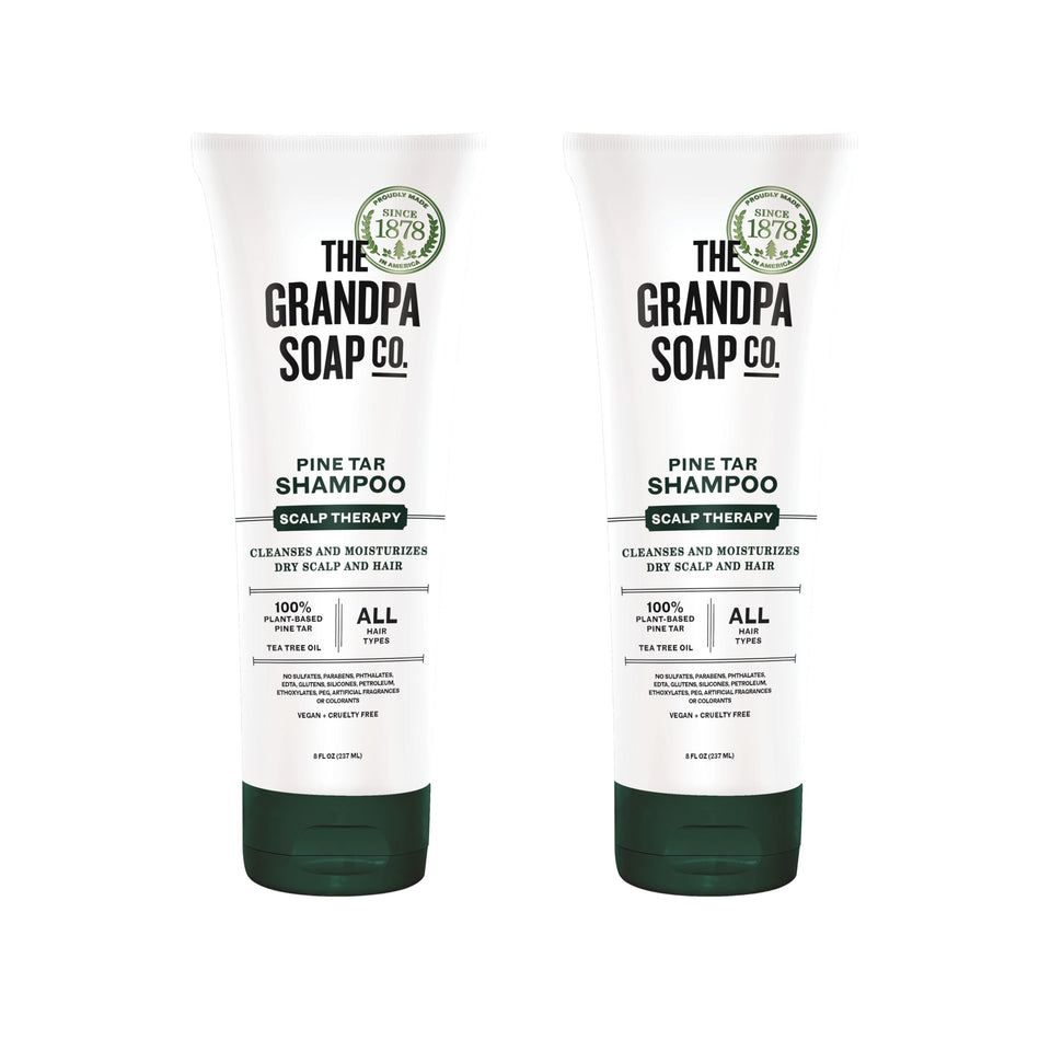 The Grandpa Soap Company pine tar shampoo front bottle shows label and natural look