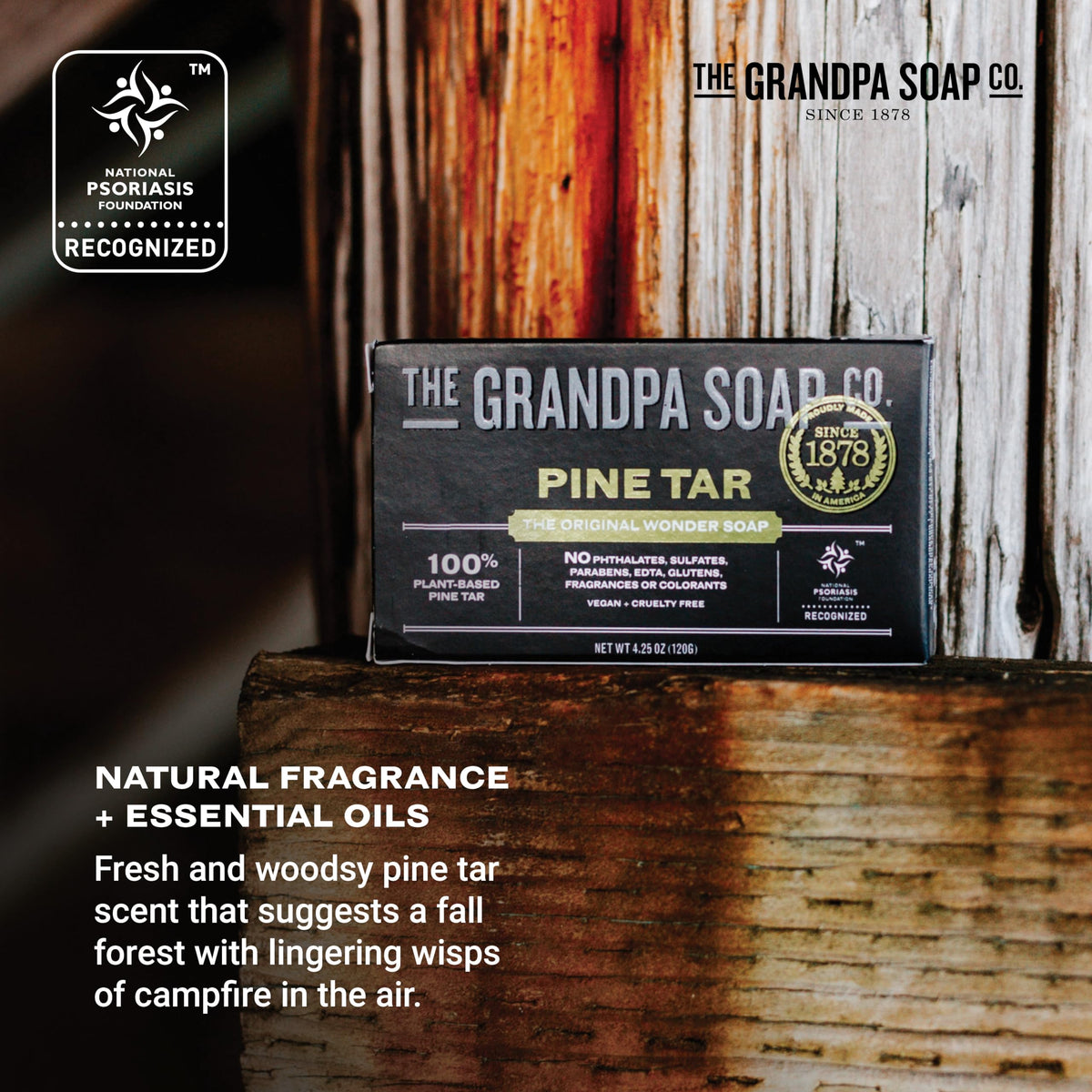 Grandpa Soap Company bar next to a hand for scale showing compact travel-friendly size