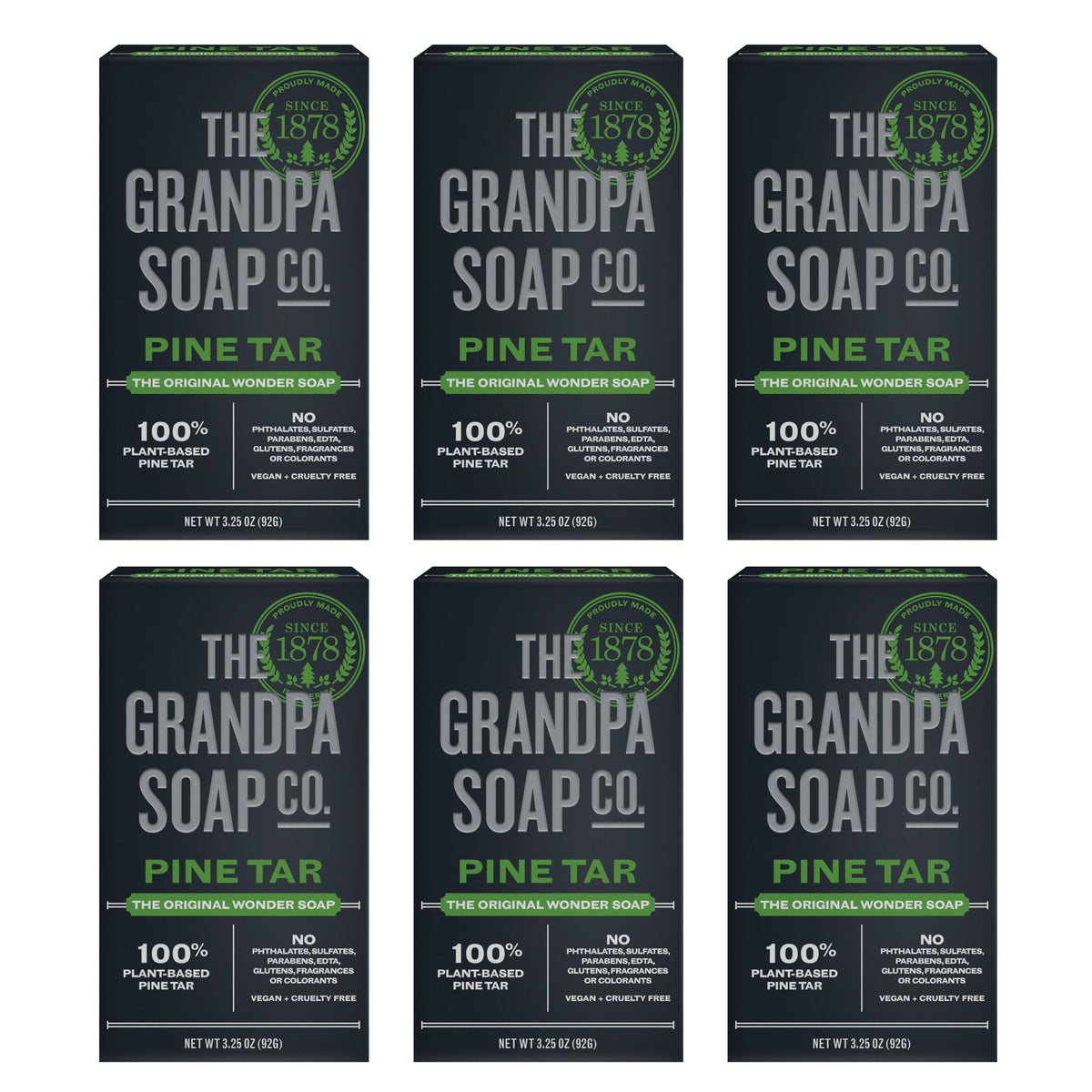 Grandpa Soap Company front packaging showing woodsy pine tar bar benefit: clear product ID