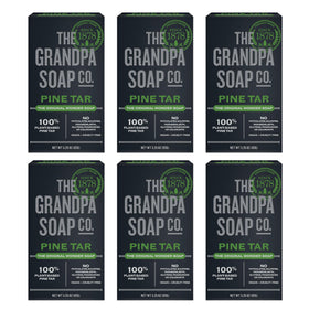 Grandpa Soap Company front packaging showing woodsy pine tar bar benefit: clear product ID