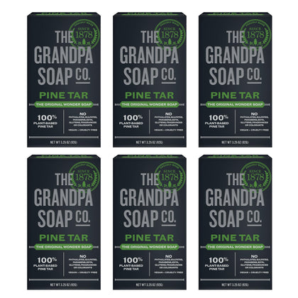 Grandpa Soap Company front packaging showing woodsy pine tar bar benefit: clear product ID
