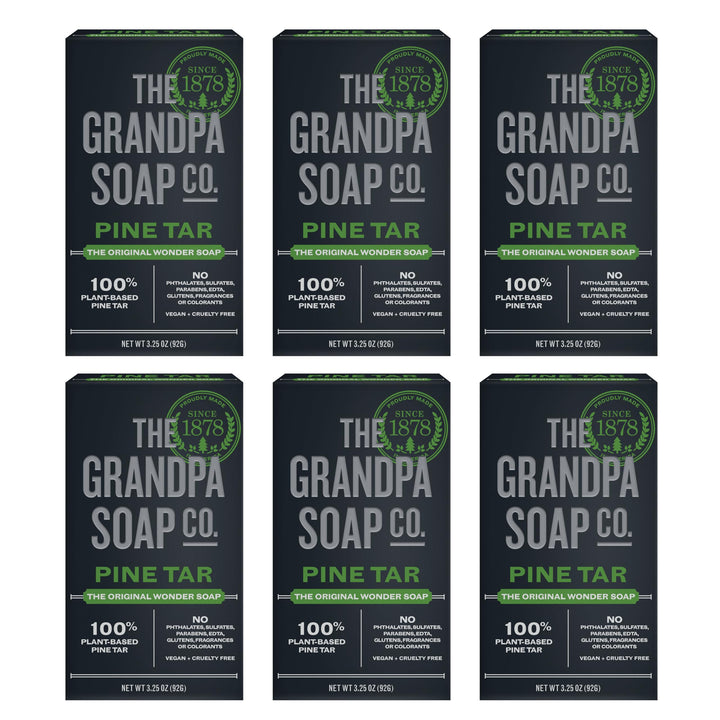 Grandpa Soap Company front packaging showing woodsy pine tar bar benefit: clear product ID