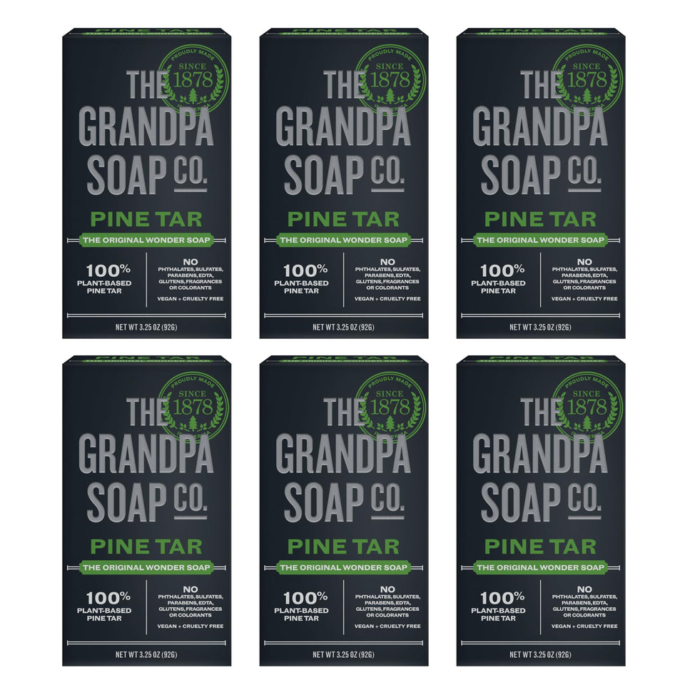 Grandpa Soap Company front packaging showing woodsy pine tar bar benefit: clear product ID