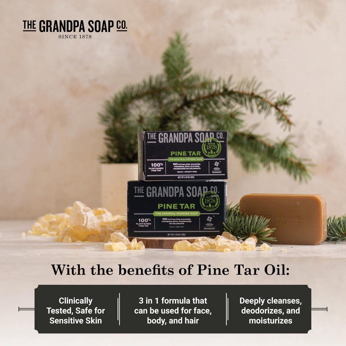 Grandpa Soap Company bar next to ruler showing 3.25 oz size for portion clarity