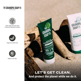 Grandpa Soap Company next to ruler to show 8 fl oz size for value and travel planning benefit
