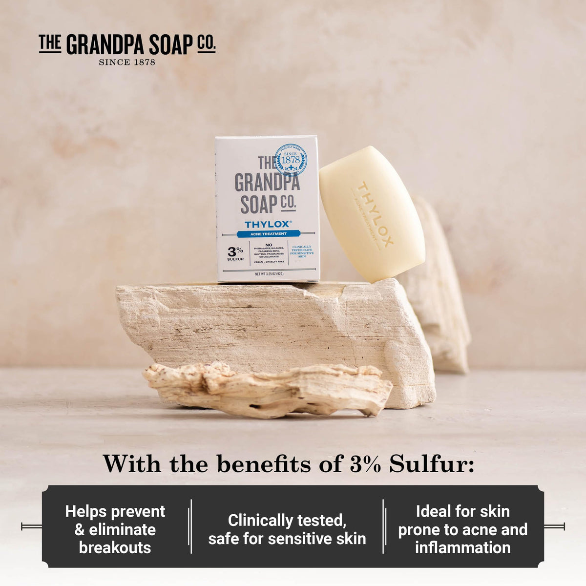 The Grandpa Soap Co. Thylox label and ingredient panel indicating clean formula