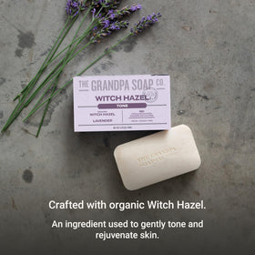 Single bar on a soap dish from The Grandpa Soap Company highlighting easy use