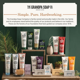 Bathroom shelf styled with The Grandpa Soap Company bars conveying natural daily ritual