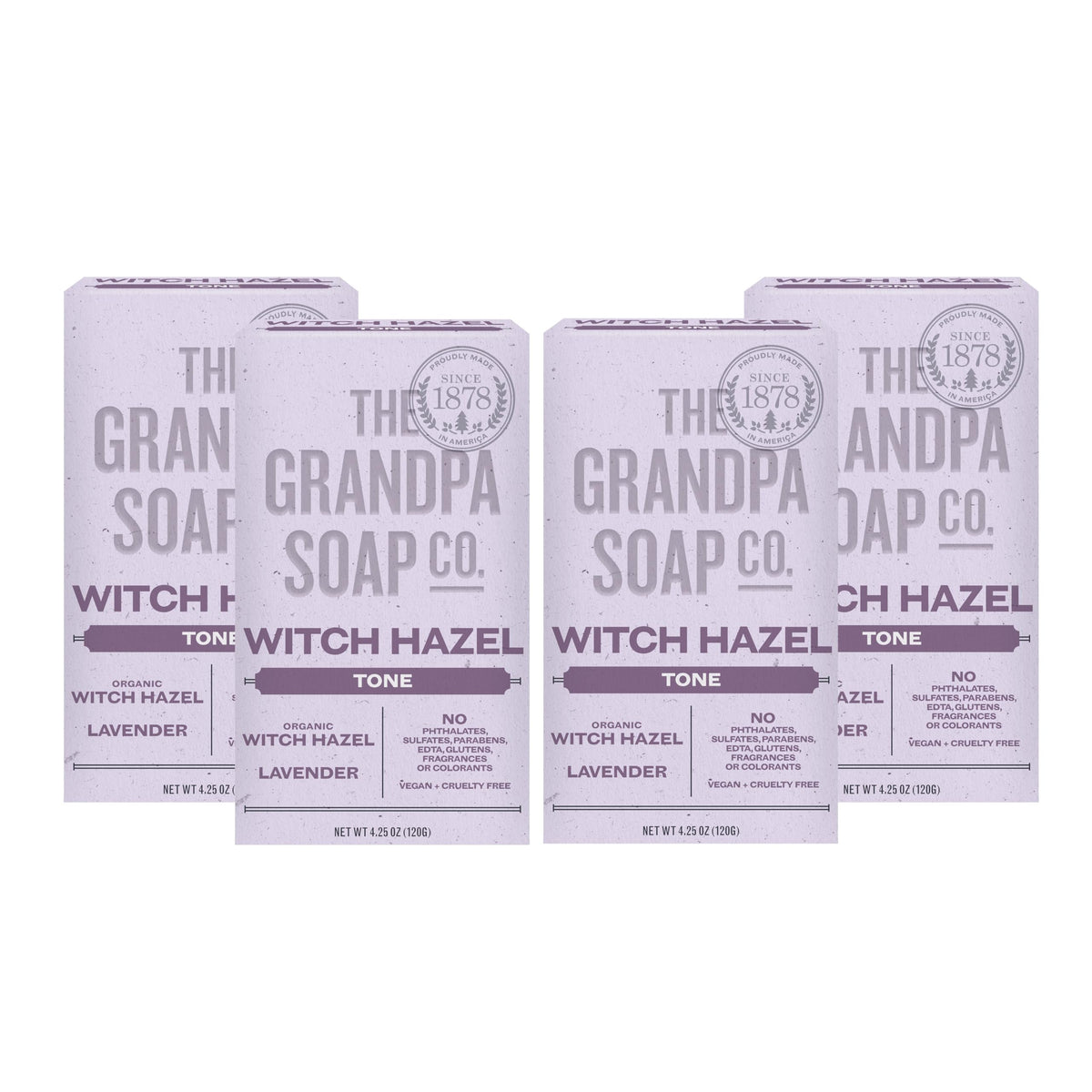 The Grandpa Soap Company front packaging showing witch hazel lavender and 4-pack benefit