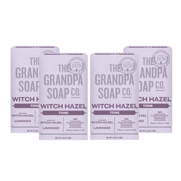 The Grandpa Soap Company front packaging showing witch hazel lavender and 4-pack benefit