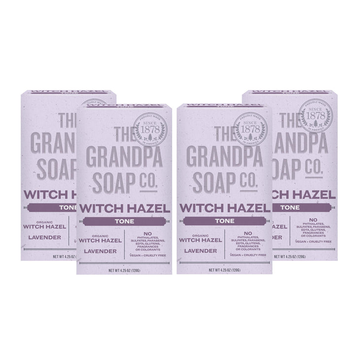 The Grandpa Soap Company front packaging showing witch hazel lavender and 4-pack benefit