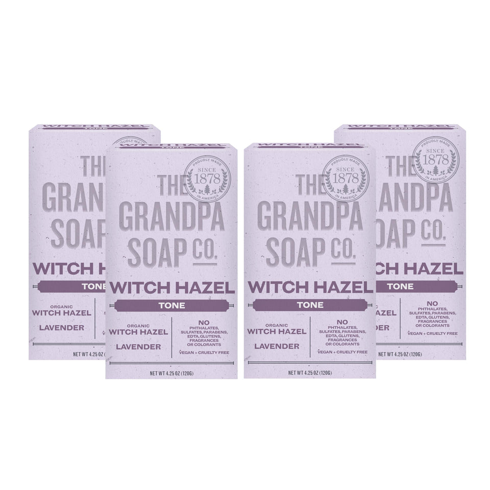 The Grandpa Soap Company front packaging showing witch hazel lavender and 4-pack benefit