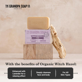 Ingredient label on The Grandpa Soap Company bar listing witch hazel and vegan benefits
