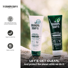 The Grandpa Soap Company shampoo next to conditioner showing routine pairing benefit
