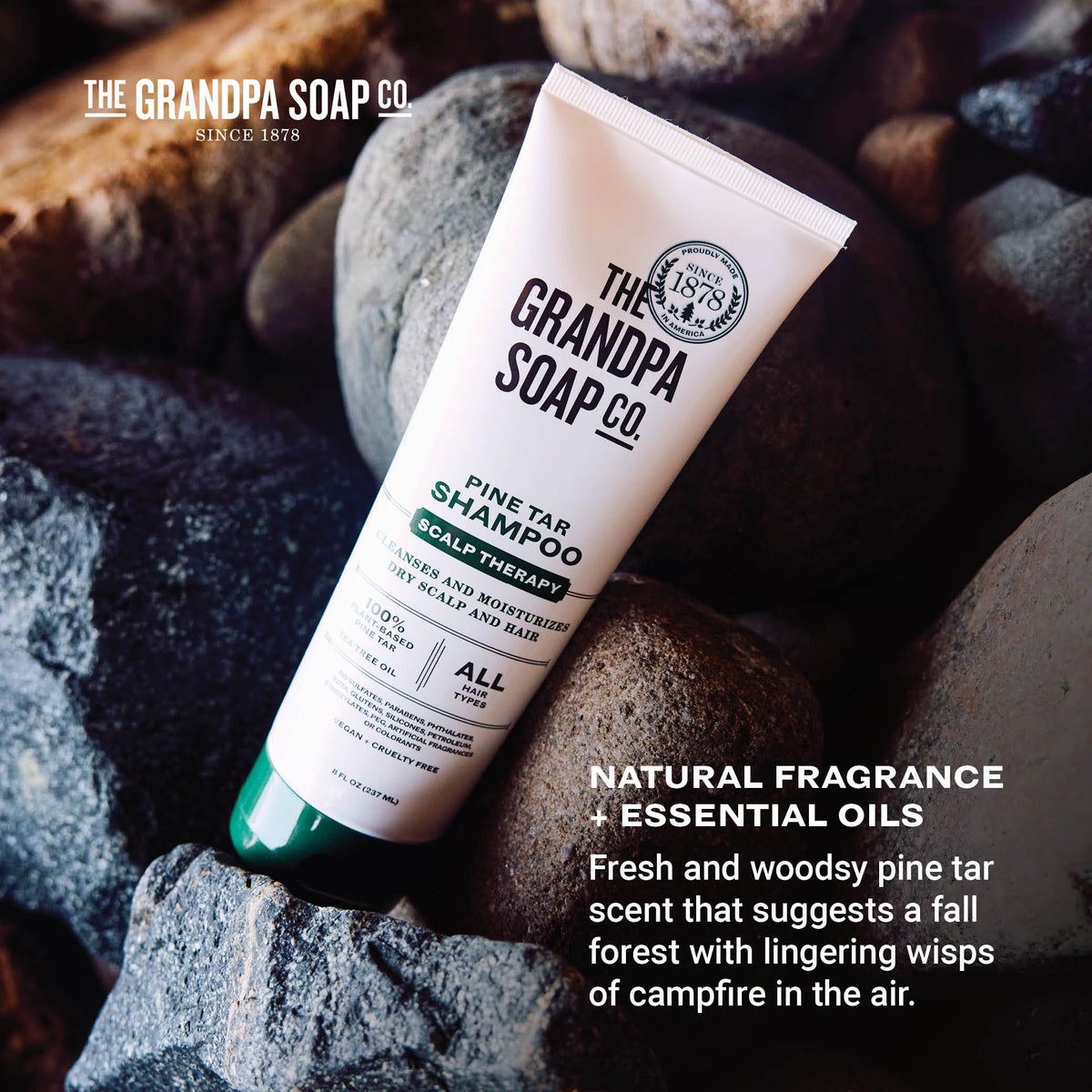 The Grandpa Soap Company tube in hand showing size and travel-friendly benefit