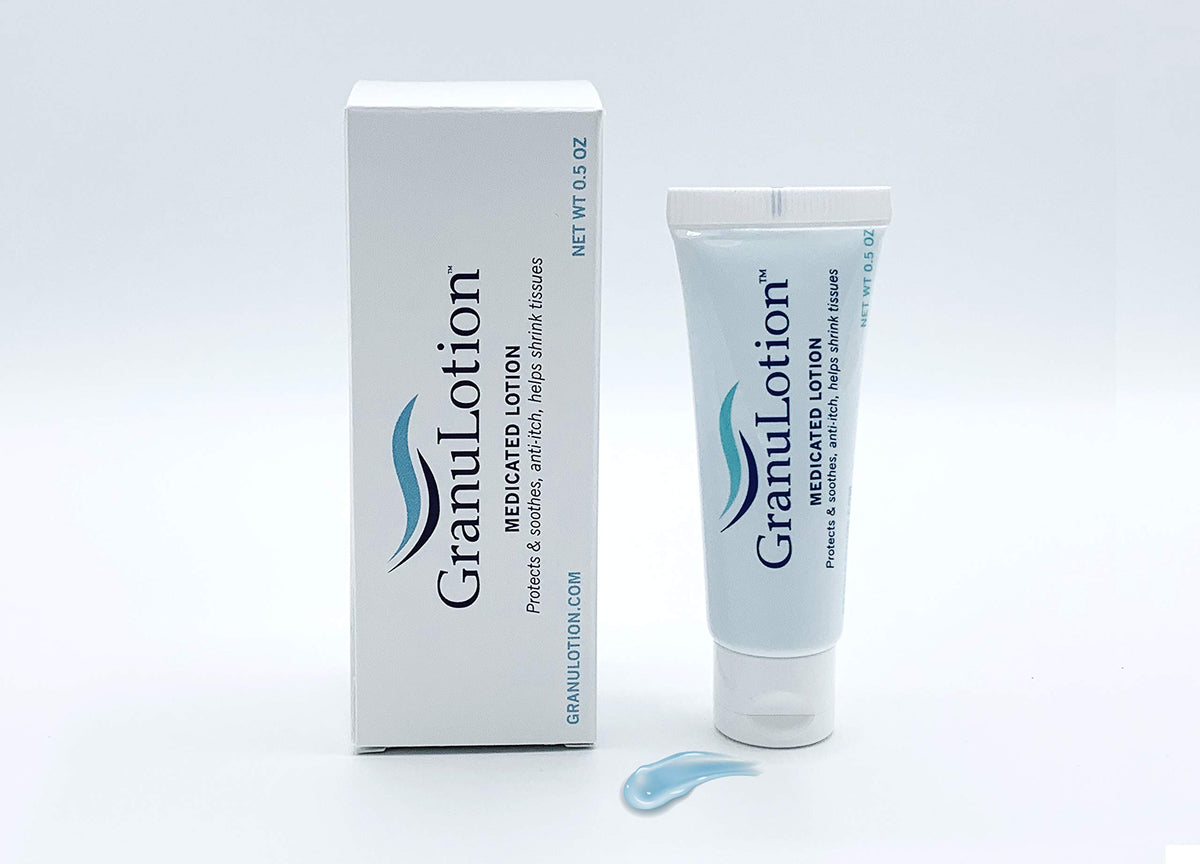 GranuLotion tube cap detail illustrating secure closure and leak protection benefit