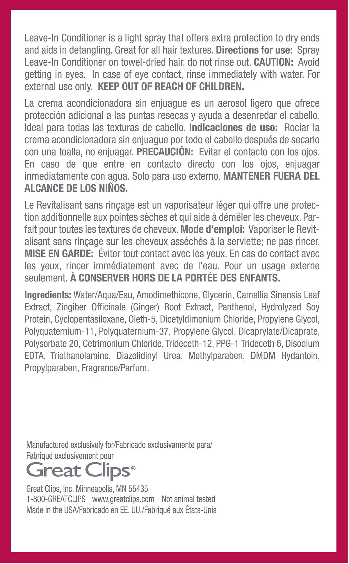 GREAT CLIPS ingredient panel on label highlighting nourishing components