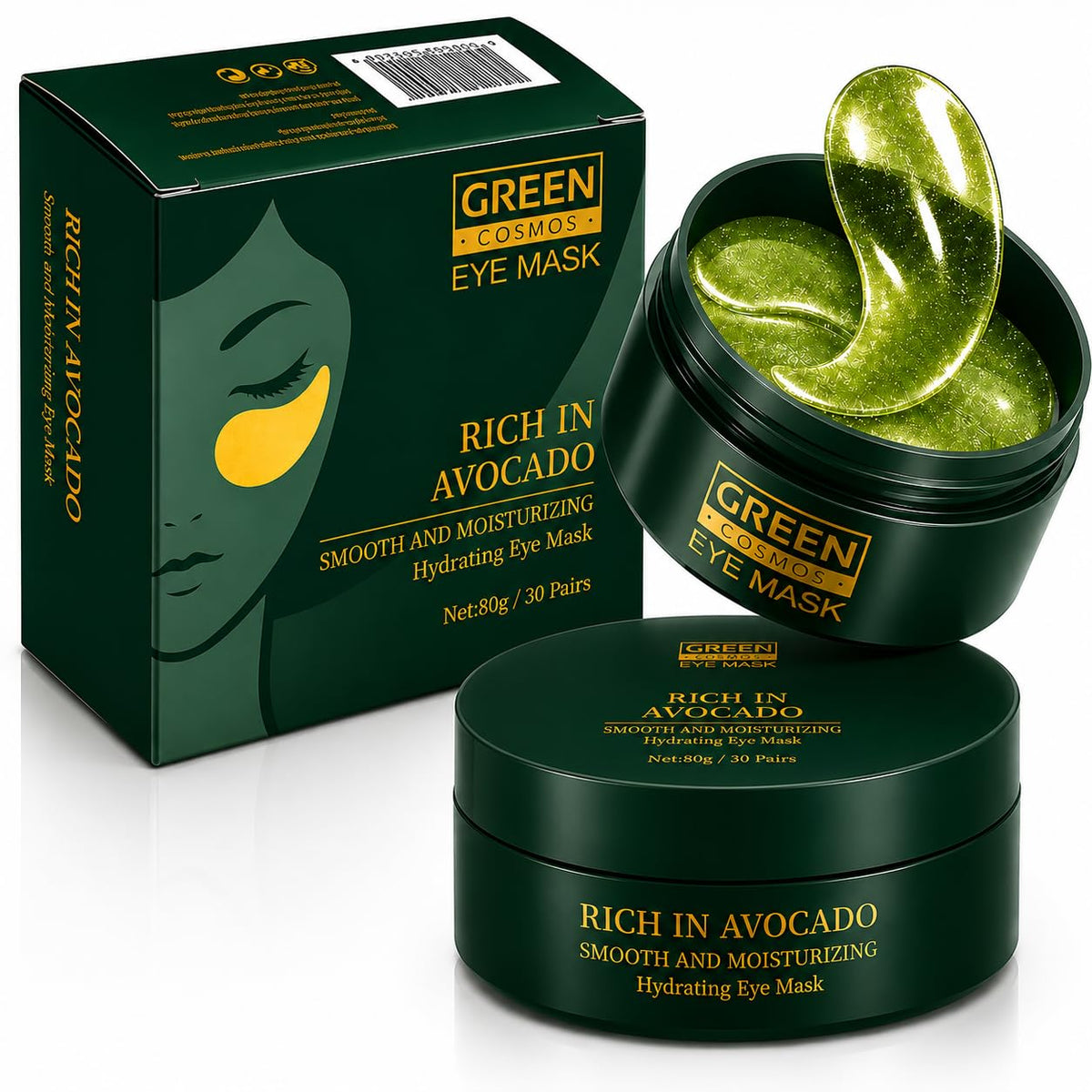 Green Cosmos jar front view showing avocado patches and clear label, highlights convenience