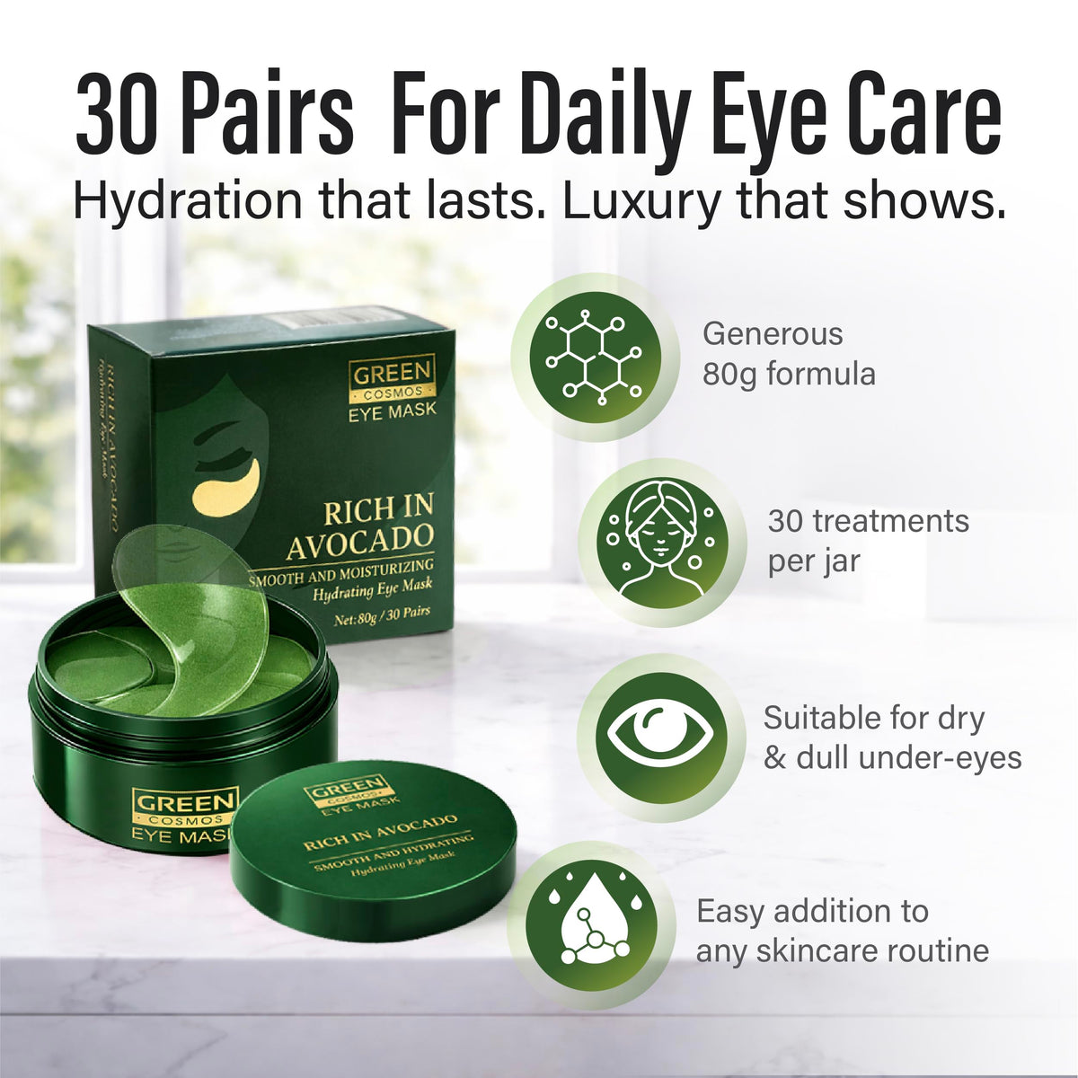 Green Cosmos packaging label and ingredients panel, emphasizing key avocado and collagen